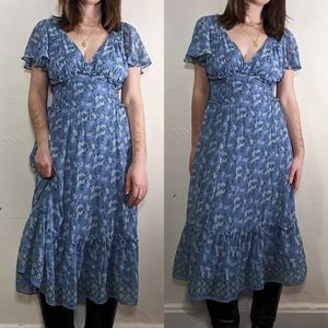 max studio baby blue floral tiered peasant cottagecore midi dress